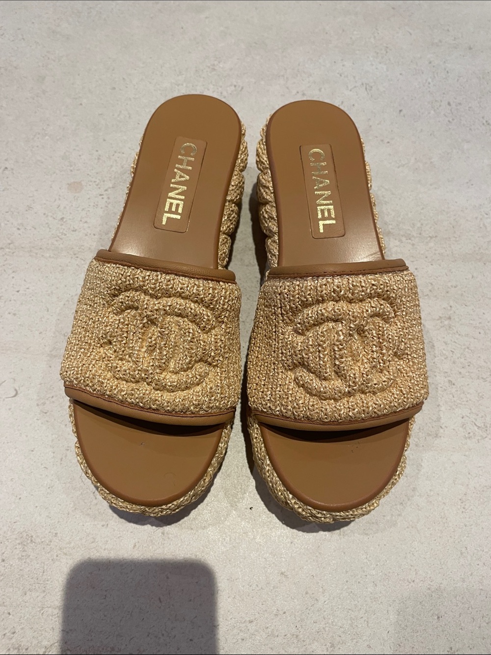 CHANEL Tan Raffia Slide Clogs with Embossed CC